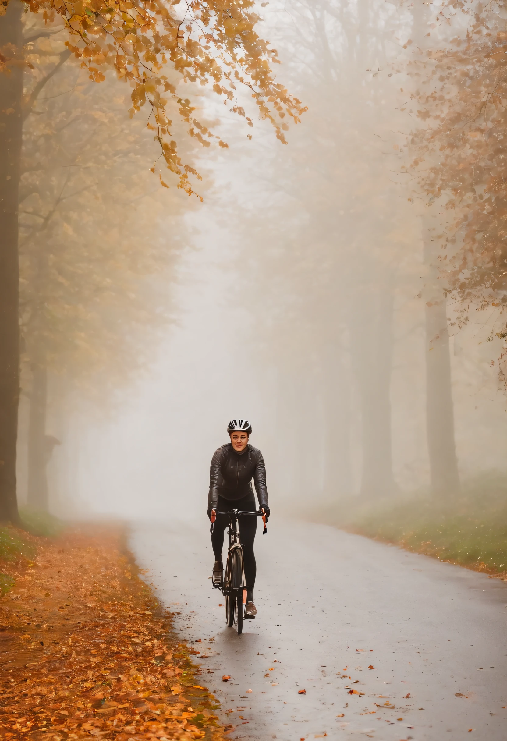 (Junge Frau auf Fahrrad im Nebel, Ansicht von hinten)(Fahrrad von hinten, Ansicht von hinten), pretty young woman Cyclist in background in dense fog and covered with fog, colorful autumn leaves on the street, ein Bild von Kuno Veeber, Gewinner des Pixabay-Wettbewerbs, Konzeptkunst, Im Regen , ((neblig)) und regnerisch, Bild mit Schatten, in einer regnerischen Umgebung, Regenwetter, Rainy roads in the background , ((Nebel mit Lichtschein)) ((Ansicht von hinten)), Licht von vorn,((keine Autos)), keine Menschen, ((Fahrradfahrer im Nebel)(Ansicht von hinten))