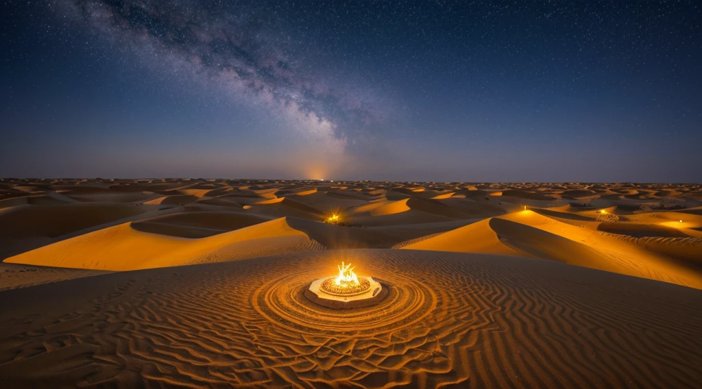 A landscape in Arabia reminiscent of the tales of the Arabian Nights, (best quality, Altas, master part:1.2) ultra-detalhado, (Realistic:1.37) breath-taking sunset, Golden sand dunes that stretch as far as the eye can see, camelos vagando graciosamente pelo vasto deserto, Mystical oasis with palm trees providing shade and tranquility, Ancient Arabic architecture with intricate patterns and domes, Vibrant market with colorful spices and exotic treasures, A magic carpet flying across the sky full of stars, Passionate belly dancers enchanting the audience, o cheiro de oud e incenso enchendo o ar, luz de velas quente iluminando a noite, creating a sense of enchantment and mystery.