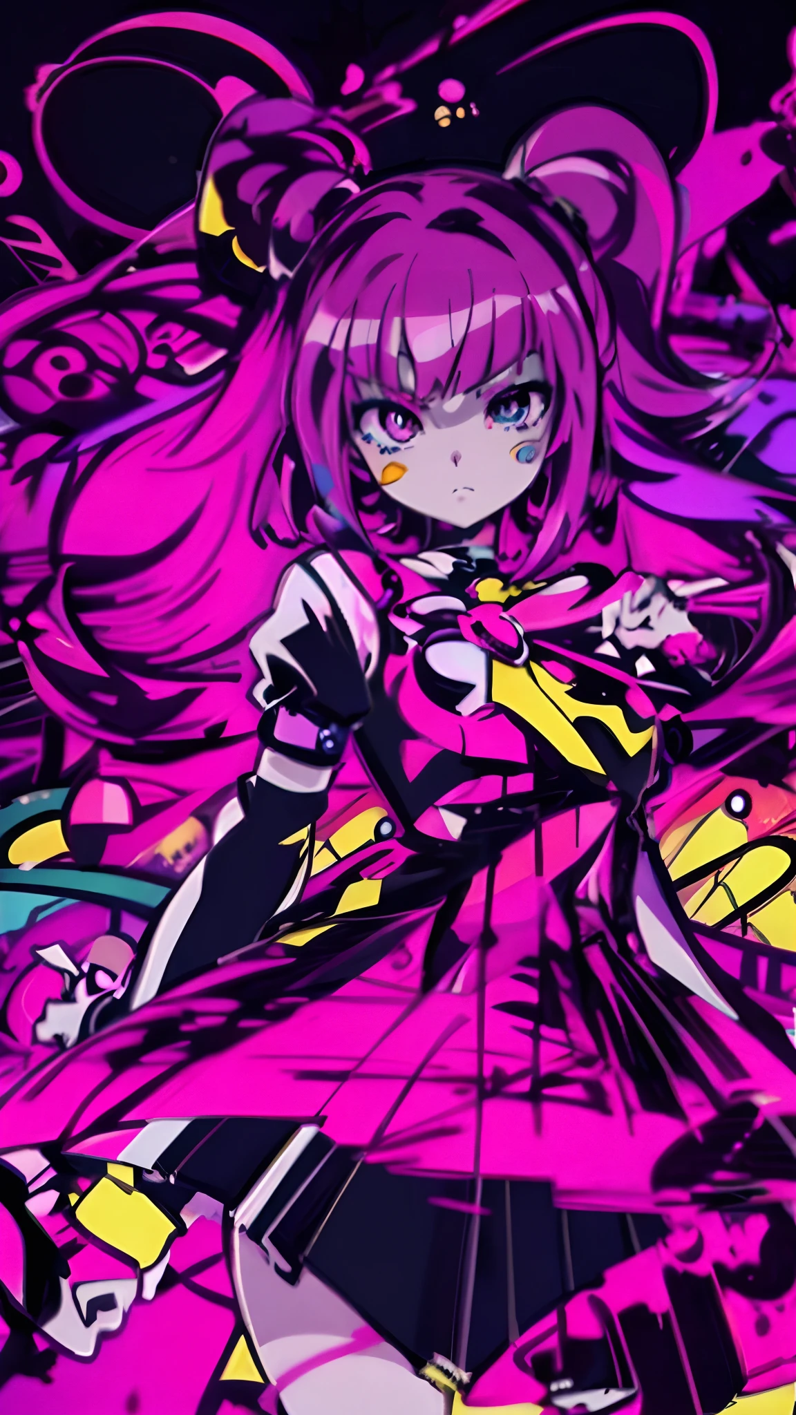 A close-up of a cartoon girl in a purple and yellow dress, dreamy psychedelic anime, Arte abstracto de anime, Portada del anime, Arte de anime clave detallado, Estilo de arte de persona, glitchy, hyperpop