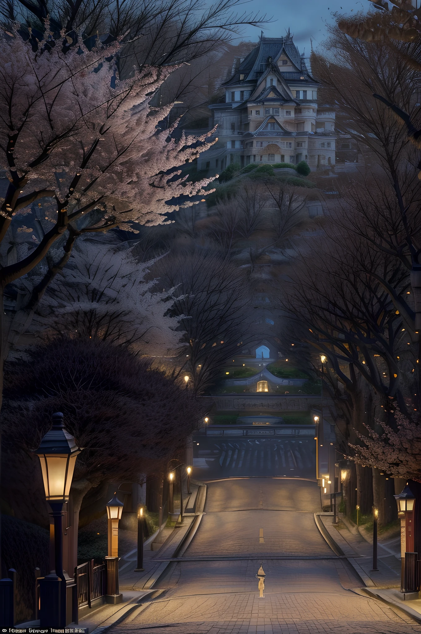 an award winning, National Geographic shoot, of an ancient Japanese boulevard leading to Japanese castle, the boulevard has blossoming (cherry trees: (best details, Masterpiece, best quality: 1.5), the street is lit by torches that sheds light on the trees, the sun is setting behind the castle (best details, Masterpiece, best quality: 1.5),, the castle has many towers, turrets and flags, boulevard 16k, ultra detailed, masterpiece, best quality, (extremely detailed)