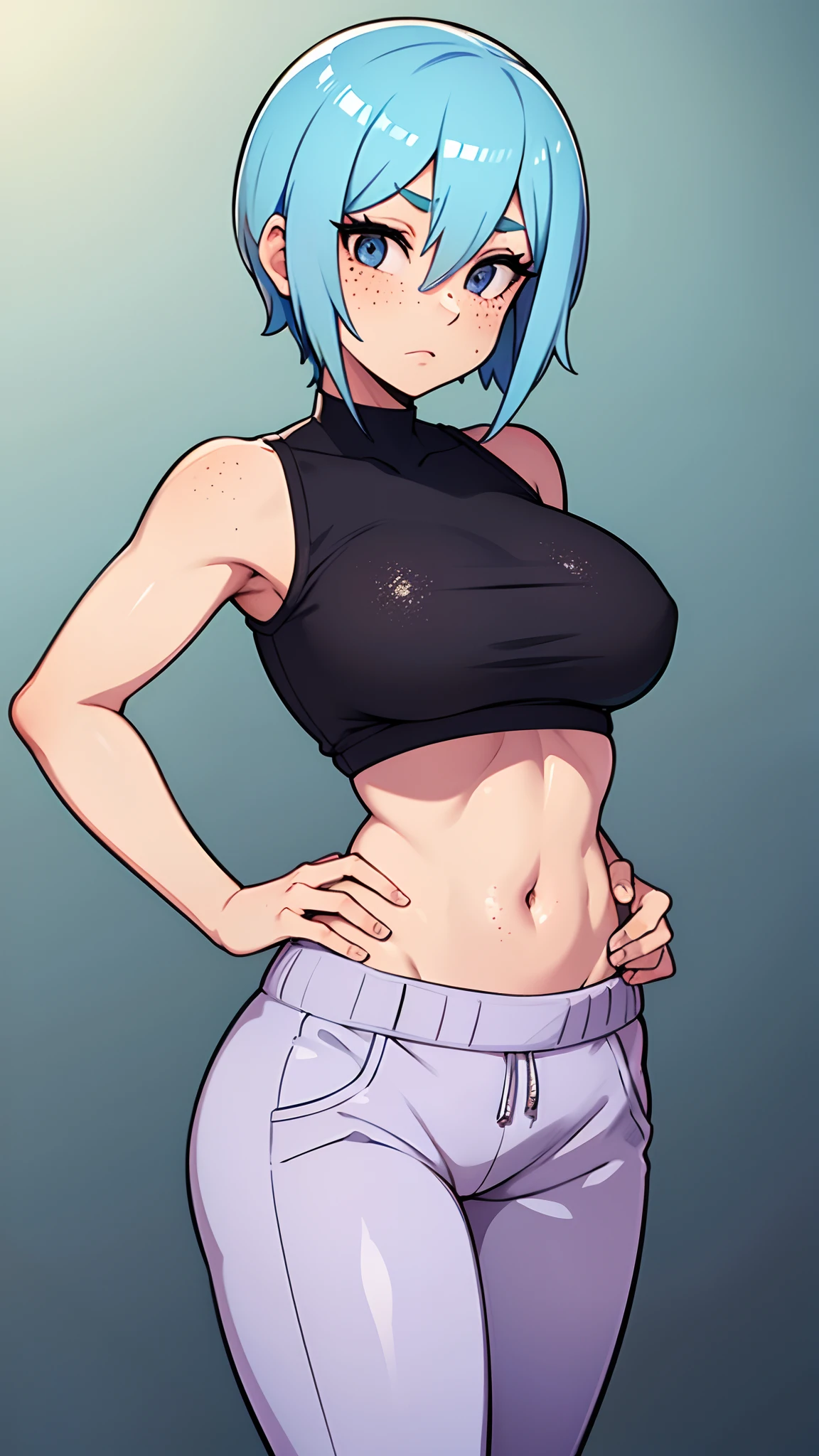 Woman in crop top and sweats, pastel blue hair, brown eyes, freckles, cute expression