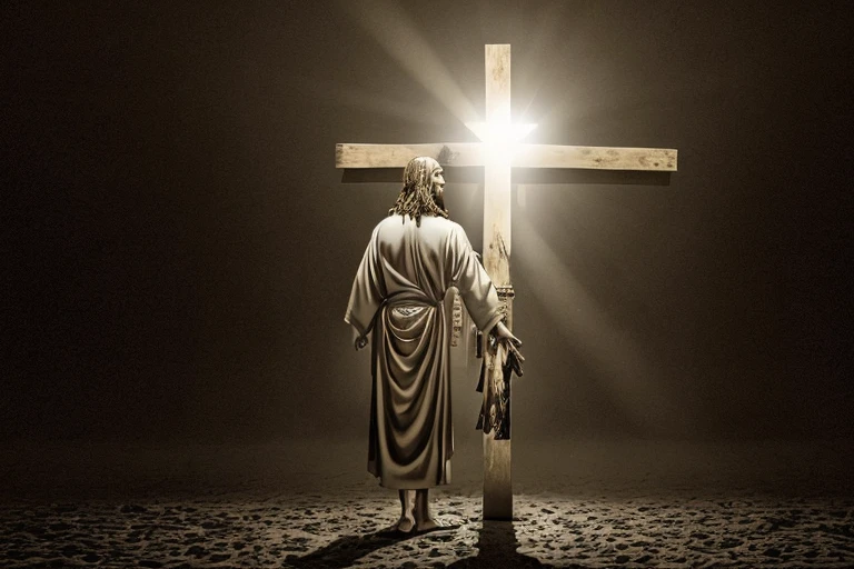 Serious Jesus dressed in white holding a crucifix in the right corner of the image 