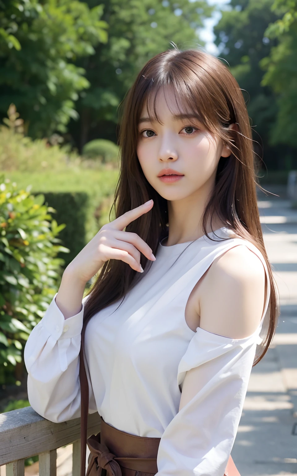 (Raw photo, Best Quality), (Realistic, Photorealsitic:1.3), masutepiece, Extremely delicate and beautiful, Soft light, (Brown hair, Shoulder-length straight hair swaying in the wind), Beautiful detailed girl, (Detailed fingers), extremely detailed eye and face, beautiful detailed nose, Beautiful detailed eyes, 1 girl, Japanese, Neat and clean beauty, Cute, 年轻, dress shirts, Pants, (Half body:1.3), (medium breasts), Realistic face, Realistic body,