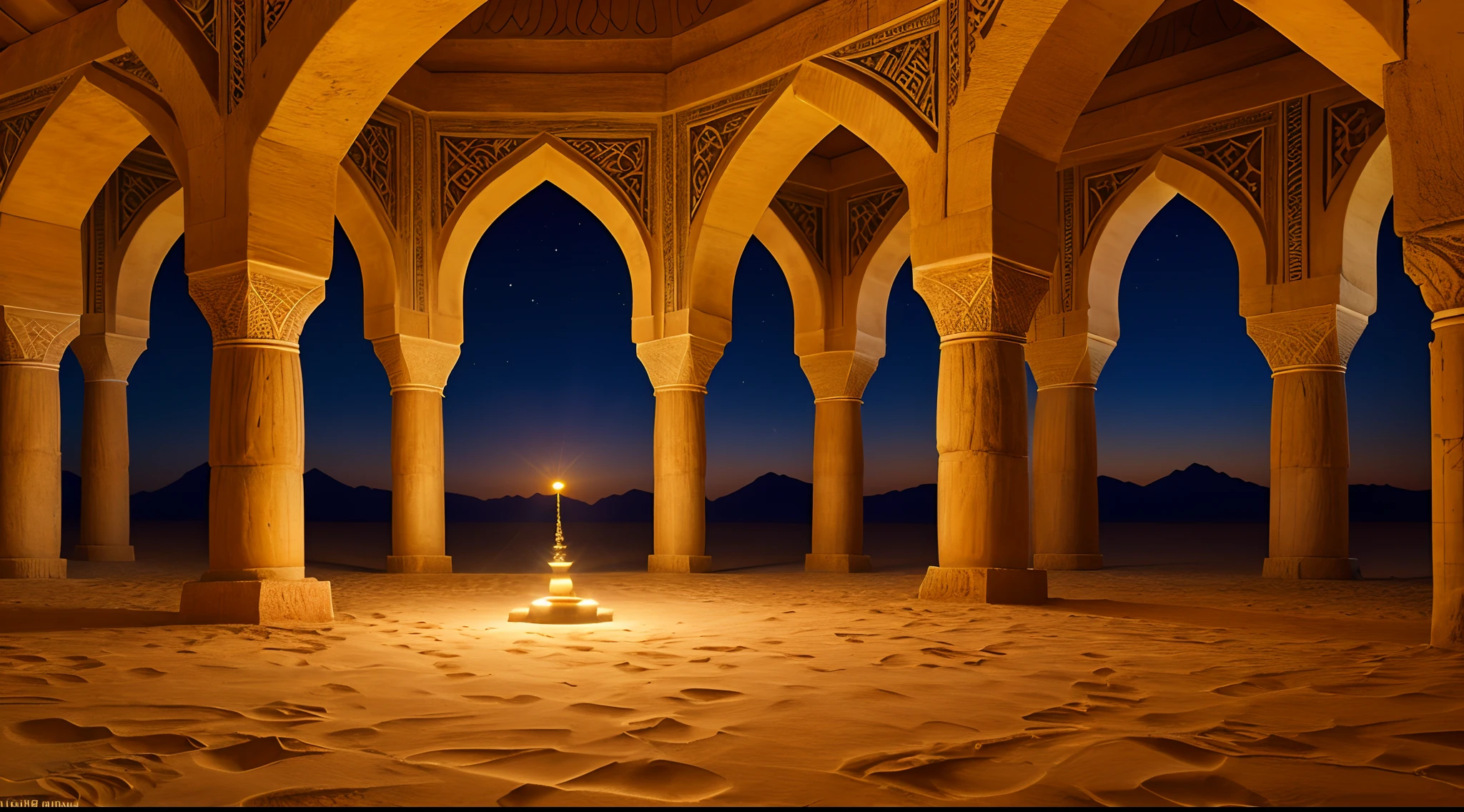 A landscape in Arabia reminiscent of the tales of the Arabian Nights, (best quality, Altas, master part:1.2) ultra-detalhado, (Realistic:1.37) breath-taking sunset, Golden sand dunes that stretch as far as the eye can see, camelos vagando graciosamente pelo vasto deserto, Mystical oasis with palm trees providing shade and tranquility, Ancient Arabic architecture with intricate patterns and domes, Vibrant market with colorful spices and exotic treasures, A magic carpet flying across the sky full of stars, Passionate belly dancers enchanting the audience, o cheiro de oud e incenso enchendo o ar, luz de velas quente iluminando a noite, creating a sense of enchantment and mystery.