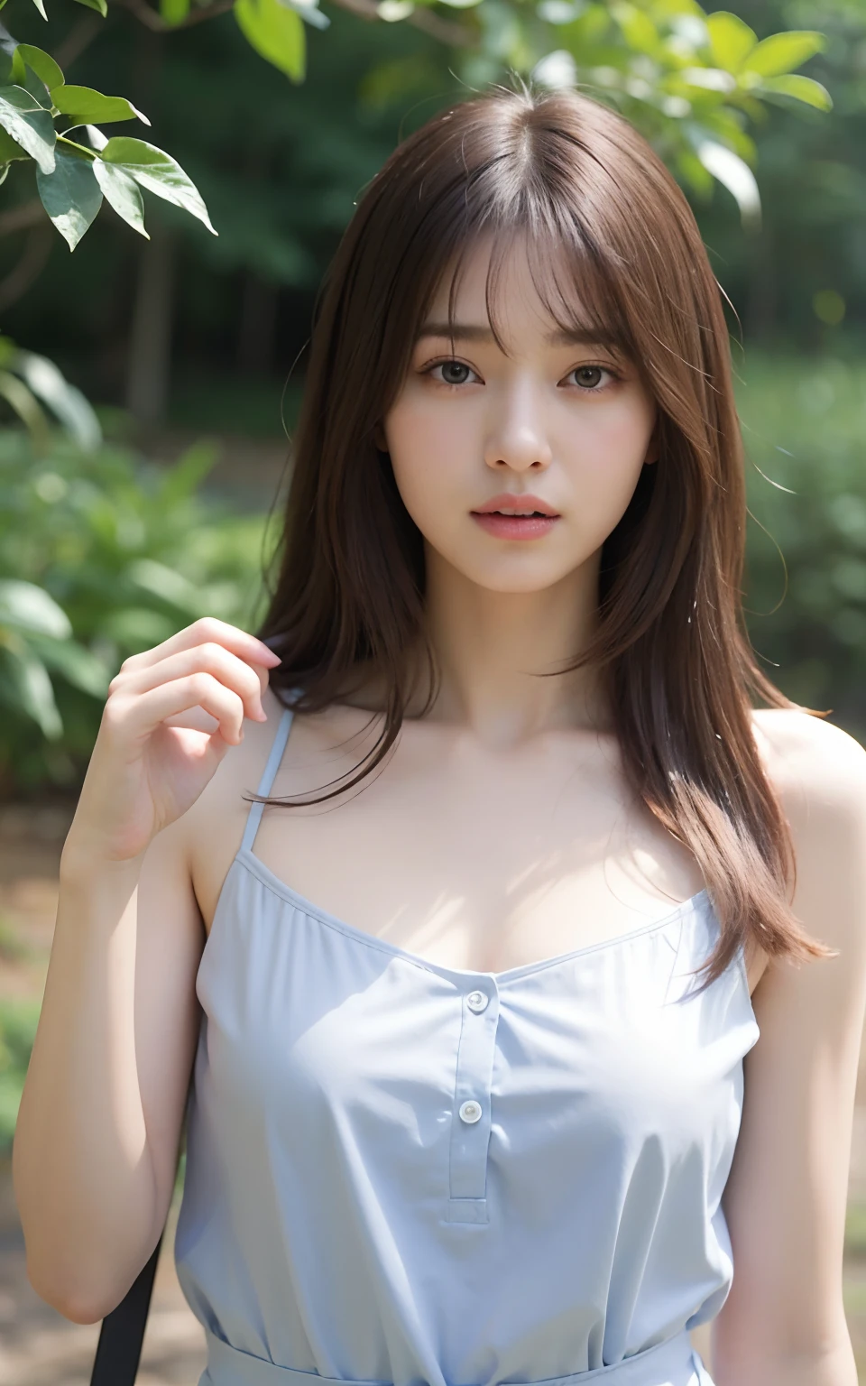 (Raw photo, Best Quality), (Realistic, Photorealsitic:1.3), masutepiece, Extremely delicate and beautiful, Soft light, (Brown hair, Shoulder-length straight hair swaying in the wind), Beautiful detailed girl, (Detailed fingers), extremely detailed eye and face, beautiful detailed nose, Beautiful detailed eyes, 1 girl, Japanese, Neat and clean beauty, Cute, 年轻, dress shirts, Pants, (Half body:1.3), (medium breasts), Realistic face, Realistic body,