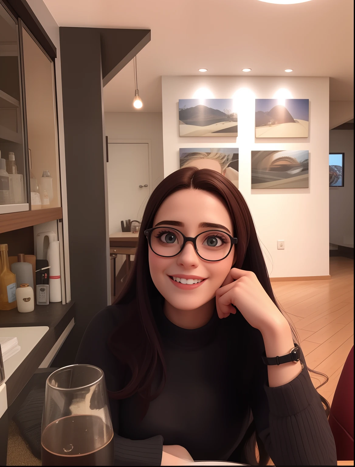 Uma mulher de 27anos, com longos cabelos castanhos, Rosto redondo, sorriso encantador, e olhos castanhos, wearing glasses.