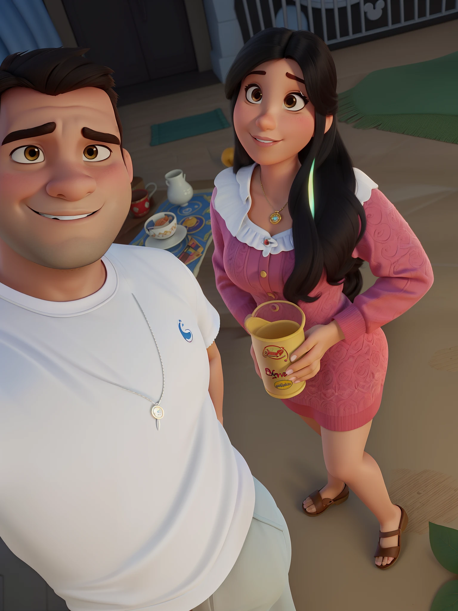 Casal estilo disney pixar melhor qualidade alta qualidade. Homem moreno cabelo curto e sombrancelha grossa e mulher morena olhos pretocabelos longos lisos