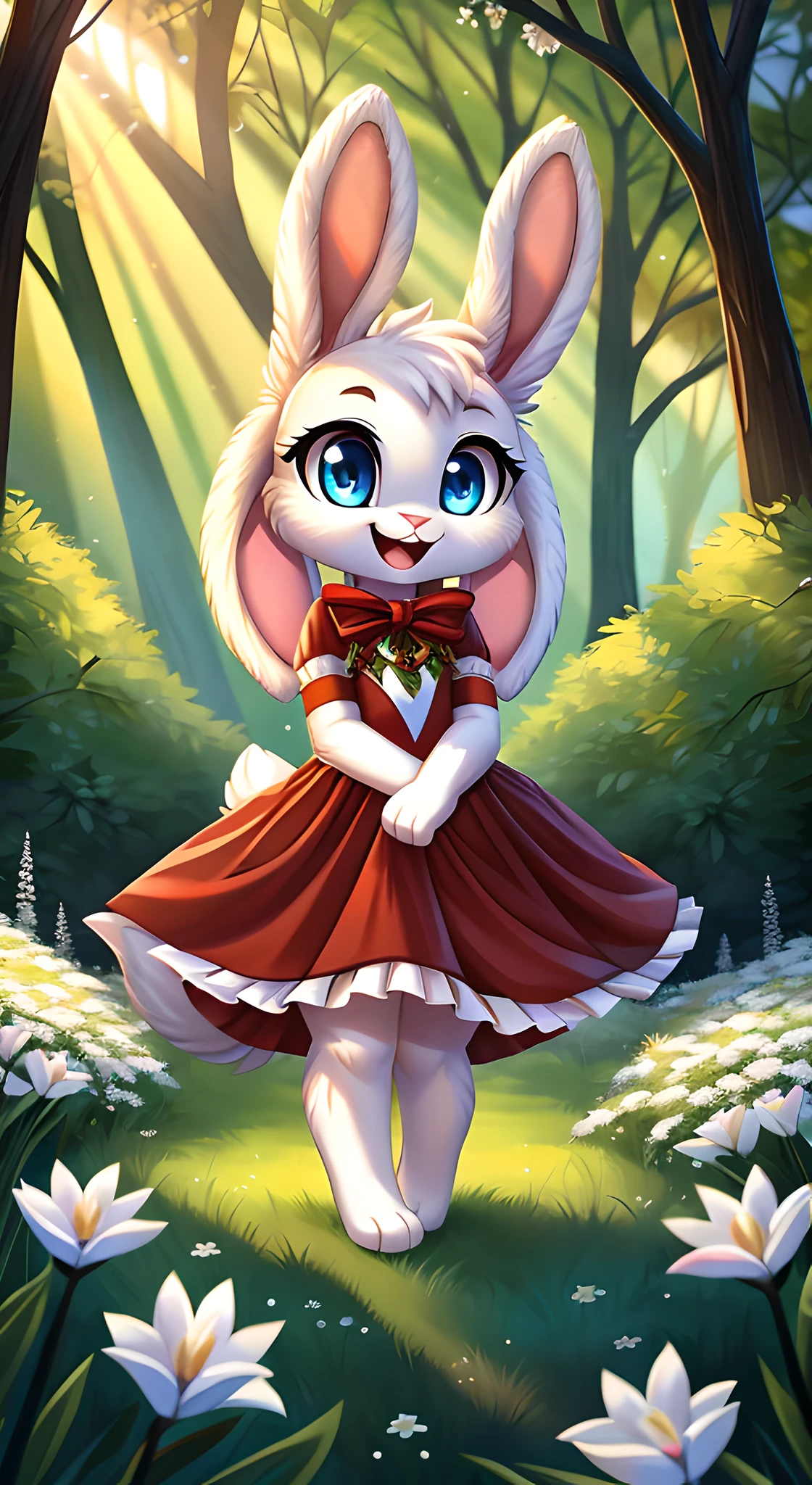 zoomed out image, fantasy style art, cute, adorable, short character, small, tiny little fluffy female white bunny with blue eyes, child, short, 4 ears, 2 extra ears, big floppy ears, long ears, ears perked up, raised ears, long eyelashes, poofy rabbit tail, wearing a red frilly ribbon dress, smiling, standing in a forest, big expressive smile, open mouth, wide eyes, excited eyes, excited face, stunning visuals, sunlight coming through the trees, white flowers scattered in the bushes, digital illustration