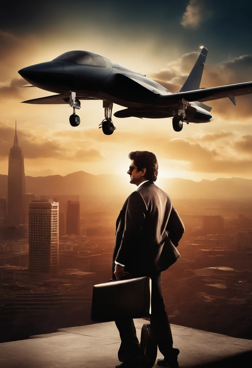 HERO NAGARJUNA STANDING IN SILHOUETTE IN MODERN SPY ATTIRE ON A BUILDING TOP, EPIC MOVIE POSTER, SKY SCAPERS AND LOT OF ACTION ELEMENTS IN BACKGROUND, AEROPLANES, HELICOPTERS, BIKE CHASE, GUN FIRING, ROMANCE ELEMENTS, HOLLYWOOD ACTION MOVIE POSTER, cool and warm shades, HYPER REALISTIC, HIGH DETAIL POSTER