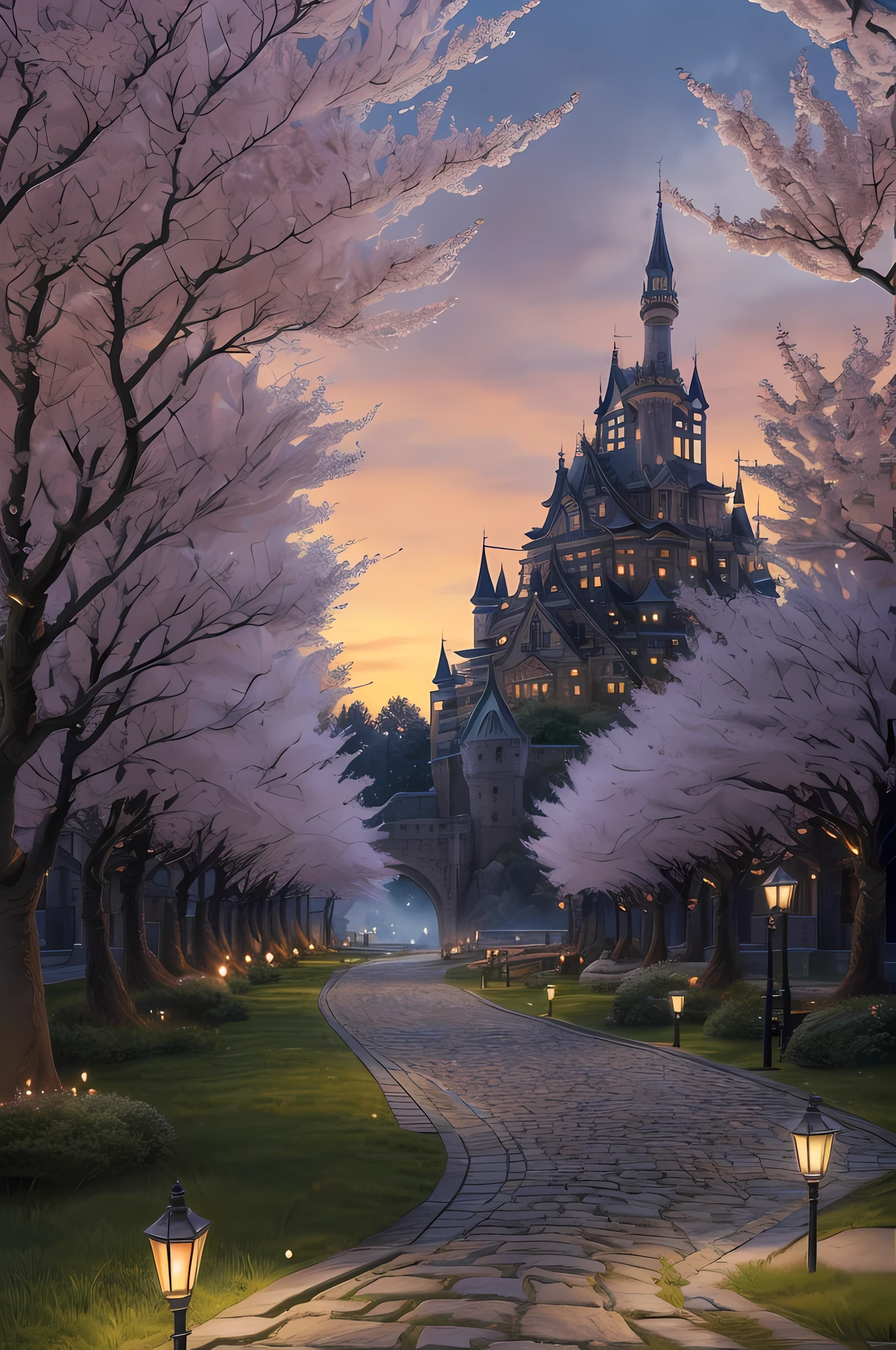 fantasy art, RPG art, an award winning, National Geographic illustration, of an medieval Japanese boulevard leading to Japanese castle, the boulevard has blossoming (cherry trees: (best details, Masterpiece, best quality: 1.5), the street is lit by (torches: 1.3) that sheds firelight on the trees, the sun is setting behind the castle (best details, Masterpiece, best quality: 1.5),, the castle has many towers, turrets and flags, boulevard 16k, ultra detailed, masterpiece, best quality, (extremely detailed