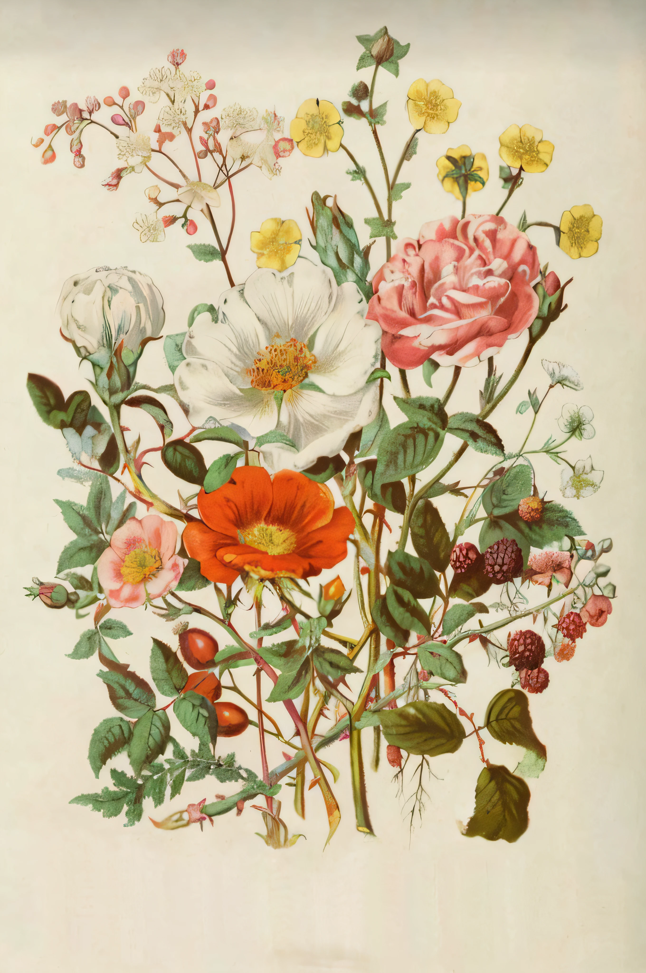 a painting of a bunch of flowers on a white surface, botanical artwork, botanical illustration, botanical drawing, botanical print, botanical art, flowers and plants, botanical poster, the platonic ideal of flowers, by Maria Sibylla Merian, botanical anatomy, vintage illustration, rose-brambles, coloured lithograph engraving, by Wilhelm Bendz, botanical background