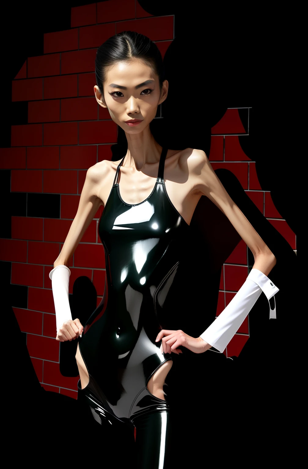 Extremely thin woman, A thin body，The sternum is distinctly protruding，The waist is very slender，The ribs are noticeable，The pelvis is very pronouncedly protruding，White skin of the，Thin shoulders，Very slim waist，Extremely skinny，Sunken abdomen，Skin and bones，short detailed hair，Haggard face，Wear a tight-fitting one-piece latex suit，Asian face