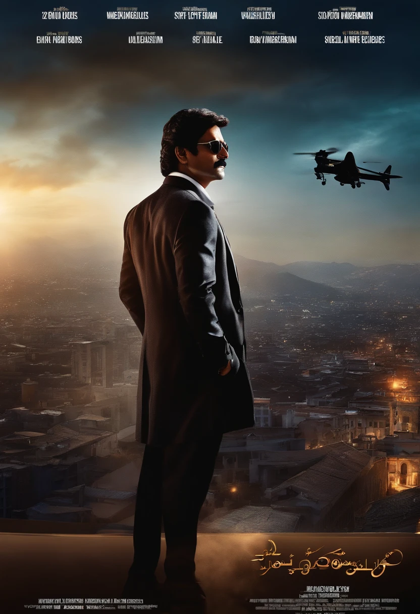 HERO NAGARJUNA STANDING IN SILHOUETTE IN MODERN SPY ATTIRE ON A BUILDING TOP, EPIC MOVIE POSTER, SKY SCAPERS AND LOT OF ACTION ELEMENTS IN BACKGROUND, AEROPLANES, HELICOPTERS, BIKE CHASE, GUN FIRING, ROMANCE ELEMENTS, HOLLYWOOD ACTION MOVIE POSTER, cool and warm shades, HYPER REALISTIC, HIGH DETAIL POSTER
