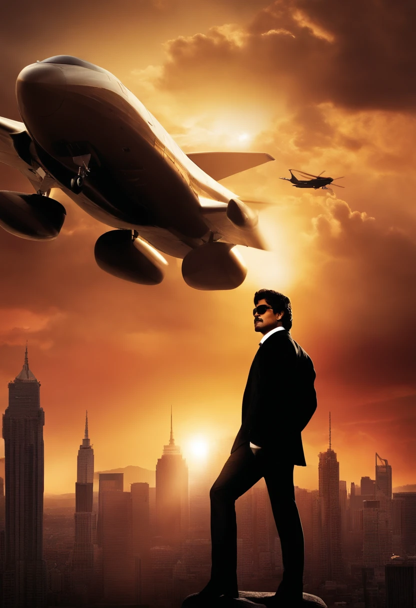 HERO NAGARJUNA STANDING IN SILHOUETTE IN MODERN SPY ATTIRE ON A BUILDING TOP, EPIC MOVIE POSTER, SKY SCAPERS AND LOT OF ACTION ELEMENTS IN BACKGROUND, AEROPLANES, HELICOPTERS, BIKE CHASE, GUN FIRING, ROMANCE ELEMENTS, HOLLYWOOD ACTION MOVIE POSTER, cool and warm shades, HYPER REALISTIC, HIGH DETAIL POSTER