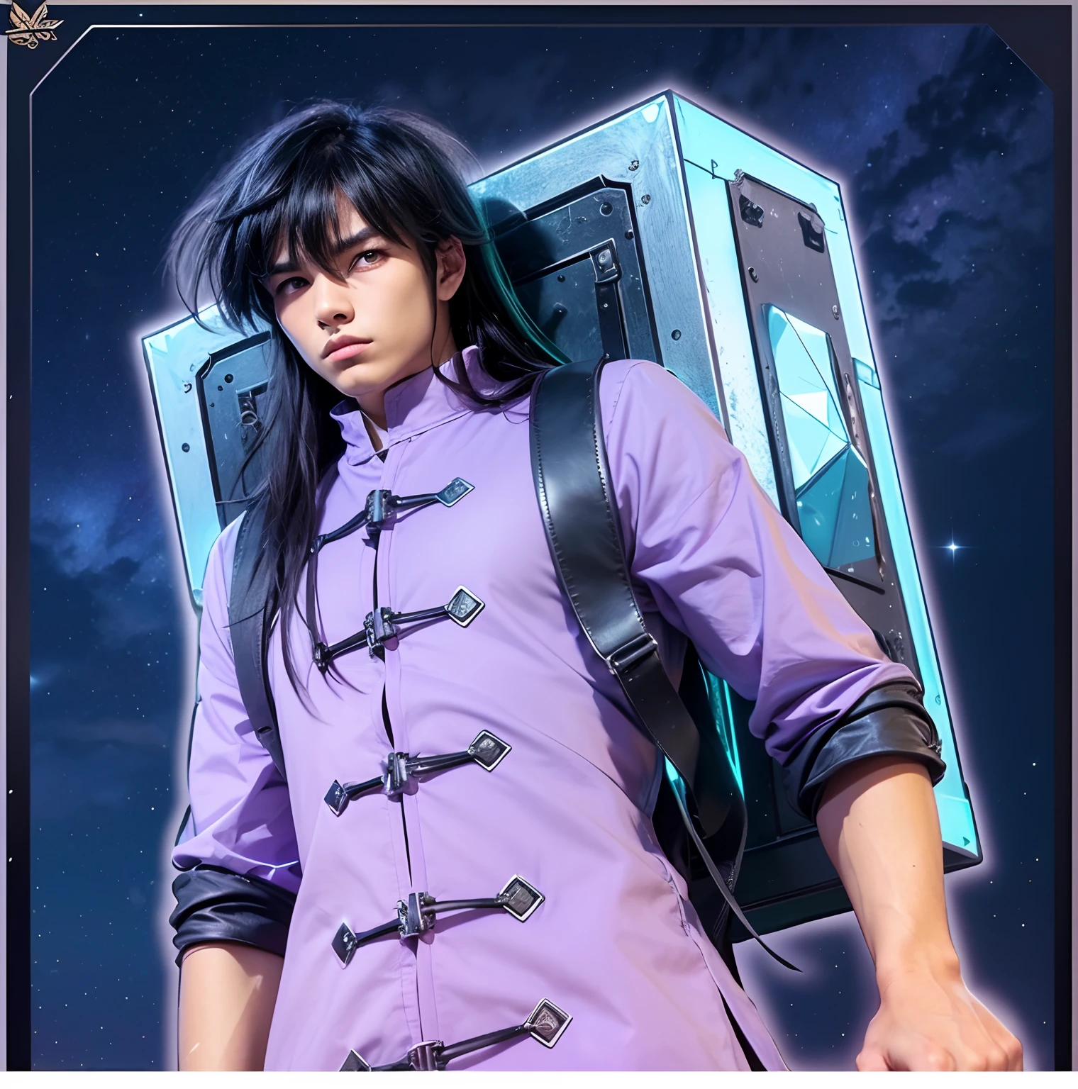 (masterpiece), (realistic), half body, (male) of 18 years old, Japanese (1boy), slightly side view, serious powerful look, solo, (handsome man) (powerful face),, ((pretty big green eyes)), ((well done eyes)), looking in front, long straight messy black hair, ((bangs)), hair blowing in the air, (beardless), masculine Chinese tunic light purple, leather straps, ((full metallic box on his back)), (Chormatic box)), ((metallic box reflect the lights like a mirror)), ((night starry sky background)), cinematic lighting.