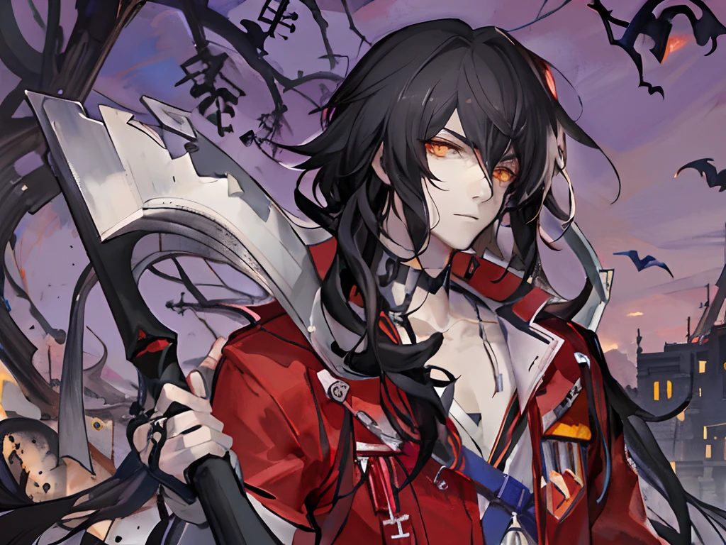 anime boy l with a large ax in a red jacket, portrait gapmoe yandere grimdark, gapmoe yandere grimdark, detailed key anime art, gapmoe yandere, yandere intricate, yandere, key anime art, badass anime 8 k, handsome guy in demon slayer art, shigenori soejima illustration, akane owari danganronpa, vanitas, metalhead boy, Black long hair boy, pale skin, bats flying, beautiful boy, extreme long hair boy, vampire boy, alucard, yellow eyes