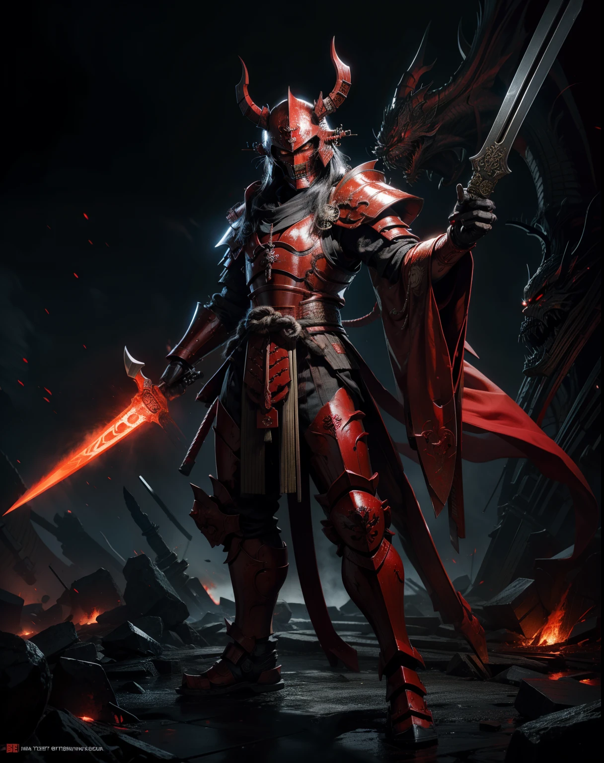 demon with red glowing eyes wearing an ancient japanese shogun armor with helmet standing in a battle stance ready to draw its blade