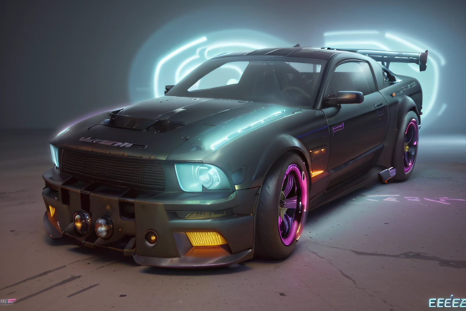 a front view 3/4 de ((futuristic cyberpunk hotrod zeekars)) (com pneus brilhantes), no estacionamento, piso zinza,