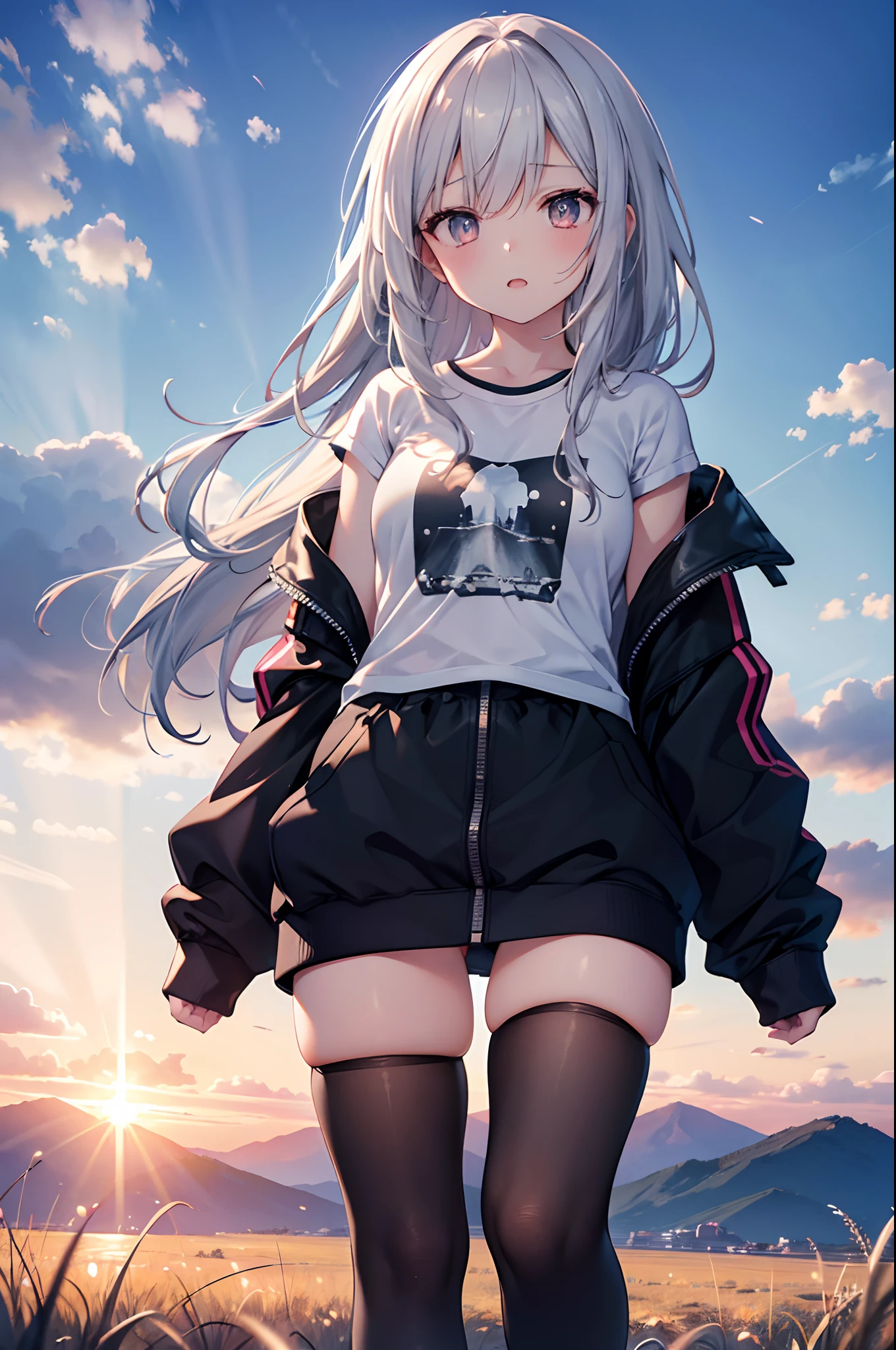 Resolution full, best quality, masterpiece, full HD, beautifull girl, foggy theme, super detailed, 1girl, cute girl, long hair, silver hair, detailed beautiful Aqua eyes, grey T - shirt oversized, little pussy. in wasteland, in burning city, holding glowing sword, shadows surroundings girl, has a lighting power