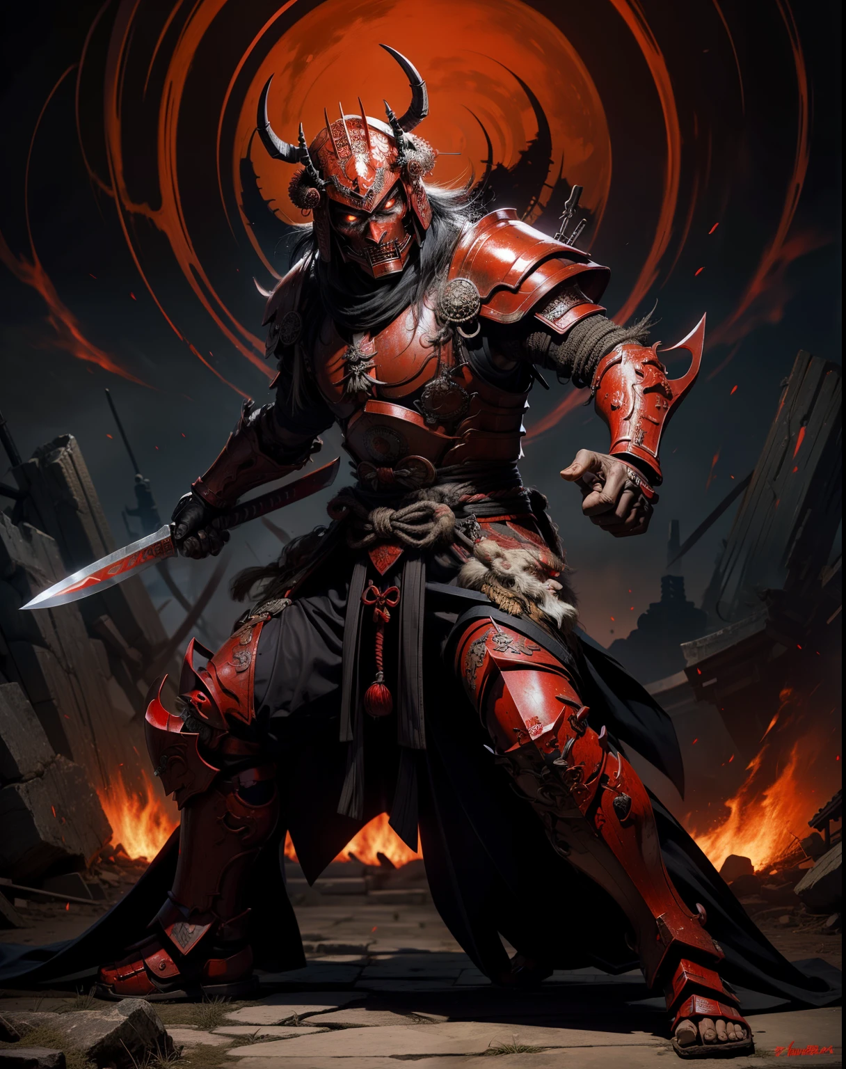 demon with red glowing eyes wearing an ancient japanese shogun armor with helmet standing in a battle stance ready to draw its blade