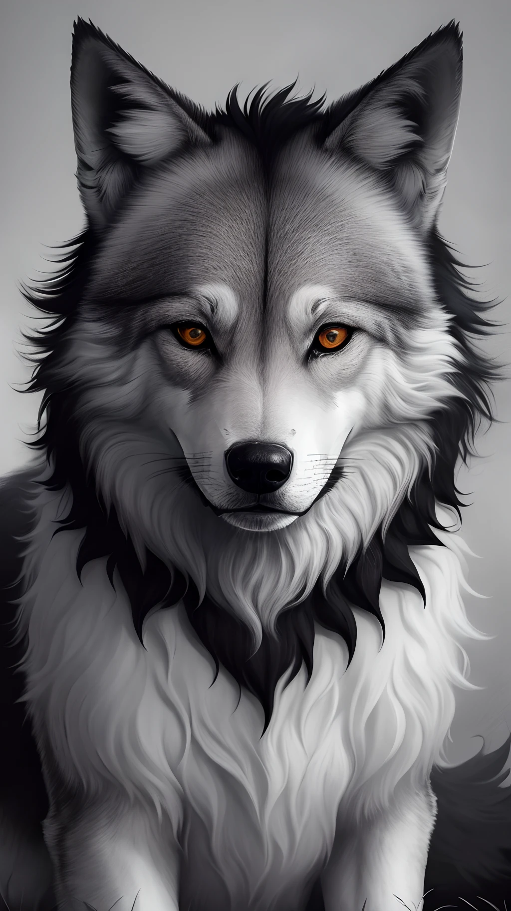 Loup noir poil long montrant les cros yeux rouge