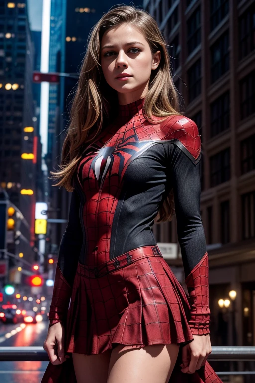 Melissa Benoist、Sticking out the navel、newyork、She wears a torn Spider-Man suit,wearing skirt、 Red and black color scheme,Dynamic、​masterpiece、top-quality、ultra-detailliert、ighly detailed、beautiful detailed brilliance、超A high resolution