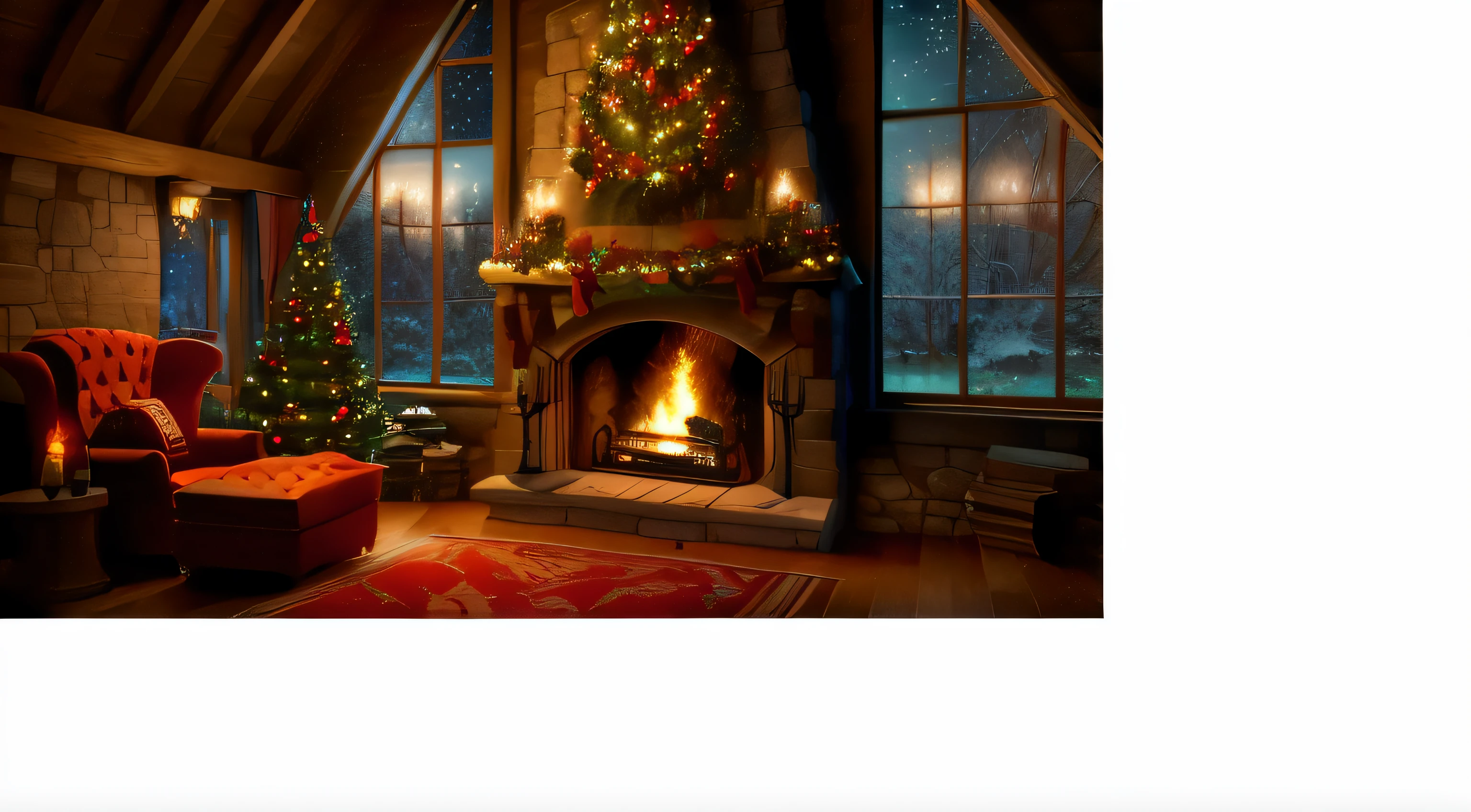 there is a fireplace in a room with a christmas tree, by senior artist, christmas night, background artwork, a hyper realistic, fire place roaring, youtube thumbnail, cosy, 480p, warm fireplace, 4 8 0 p, warm and joyful atmosphere, cosy enchanted scene, 2023 4k, cozy environment, roaring fire, santa's workshop