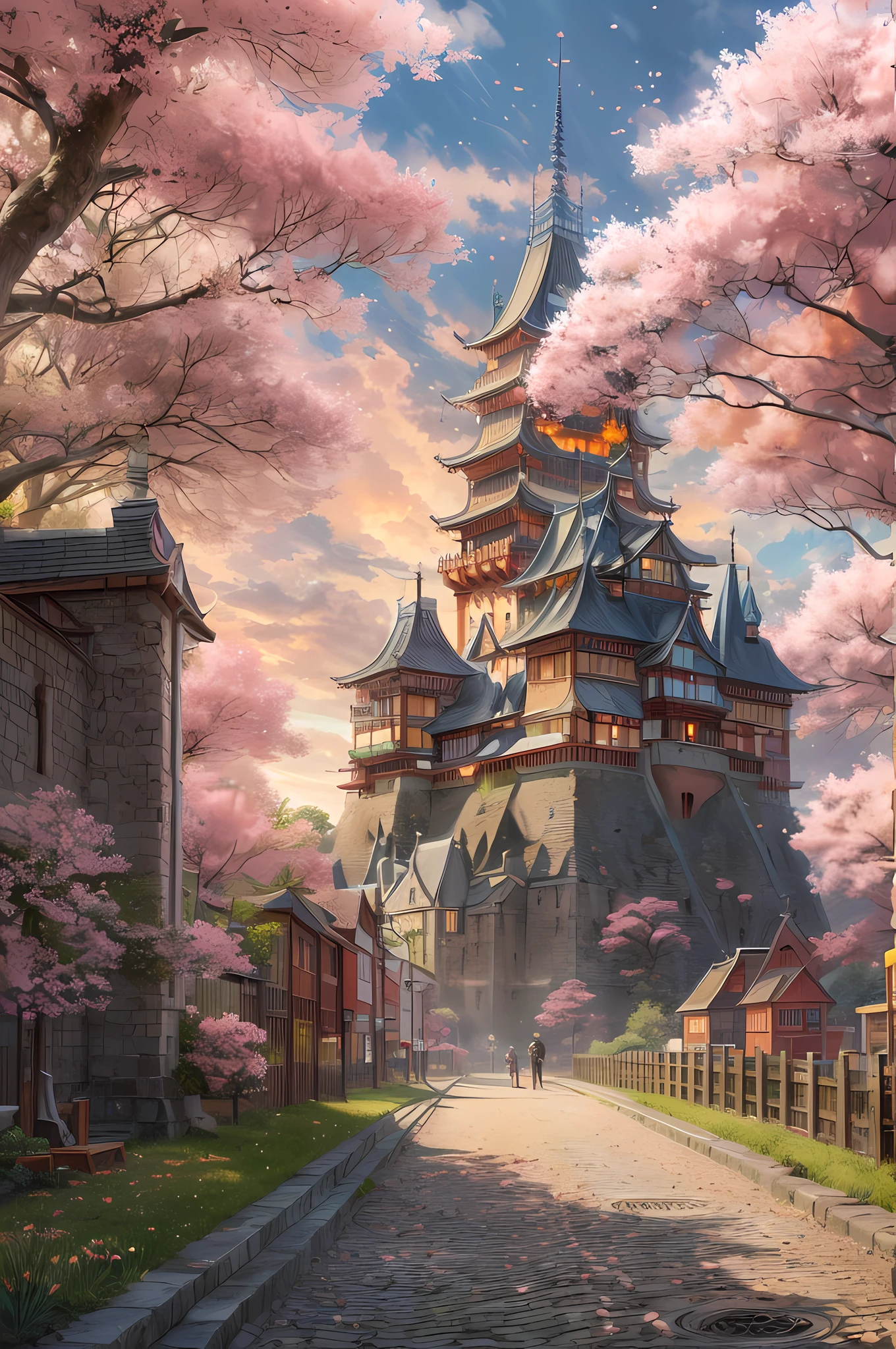 fantasy art, RPG art, an award winning, National Geographic illustration, of an medieval Japanese boulevard leading to Japanese castle, the boulevard has blossoming (cherry trees: (best details, Masterpiece, best quality: 1.5), the street is lit by (torches: 1.3) that sheds firelight on the trees, the sun is setting behind the castle (best details, Masterpiece, best quality: 1.5),, the castle has many towers, turrets and flags, boulevard 16k, ultra detailed, masterpiece, best quality, (extremely detailed