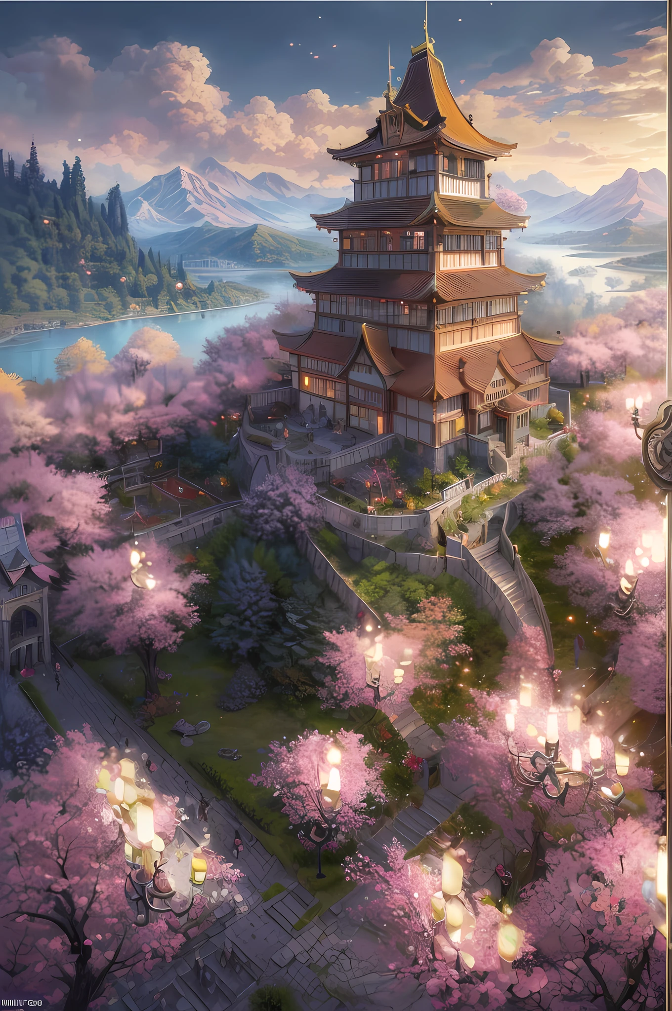 fantasy art, RPG art, an award winning, National Geographic illustration, of an medieval Japanese boulevard leading to Japanese castle, the boulevard has blossoming (cherry trees: (best details, Masterpiece, best quality: 1.5), the street is lit by (torches: 1.3) that sheds firelight on the trees, the sun is setting behind the castle (best details, Masterpiece, best quality: 1.5),, the castle has many towers, turrets and flags, boulevard 16k, ultra detailed, masterpiece, best quality, (extremely detailed