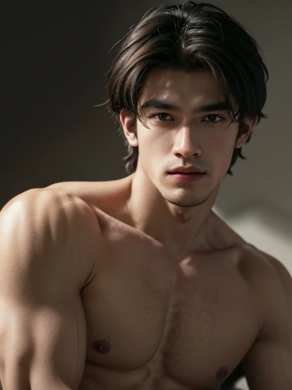 Best quality, masterpiece, ultra high res, (((photorealistic))), raw photo, in the dark, deep shadow, low key, cold light, man face, 1 man, 1man, man, Jaws firm, no mustache and beard, thin eyebrows, thin lips, Eye shape like a snake's eye, realistic, Muscular, mullet hairstyle, black hair, tan skin, angry face, cool face, bad boy vibe, carrying a black, smirk face, masculine, look cool, cool face, half body portrait, sharp eye, tan skin, Look like a Filipino boy, brown eye, looks 19 years old, 19 years old, real, Handsome. naked , ((nude)) , (((half body view))) , bodybuilder. ( chest) , ((puffy nipples) , (swollen nipples) , abs ,