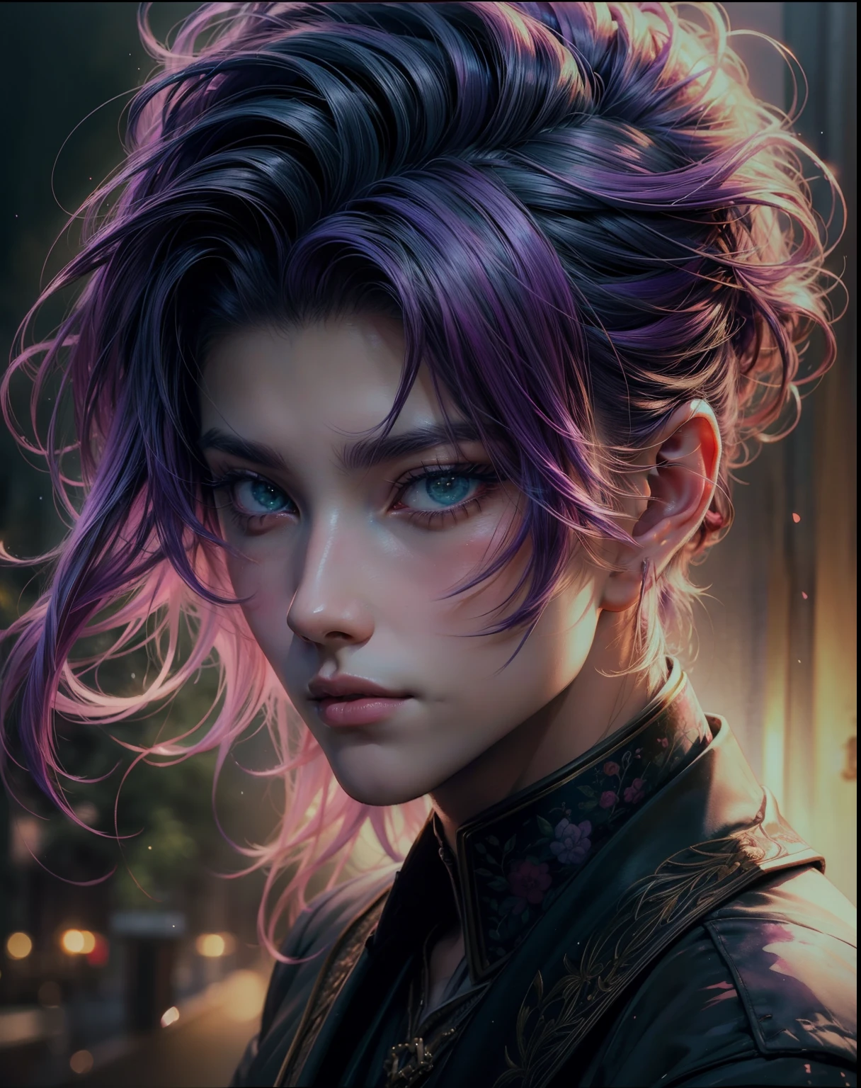 masterpiece, best quality, photorealistic, 1boy, solo, male focus, looking at viewer, , , (watercolor illustration, soft pastel colors:1.1), , , mao_saitou, purple hair, green eyes, , , 8k resolution