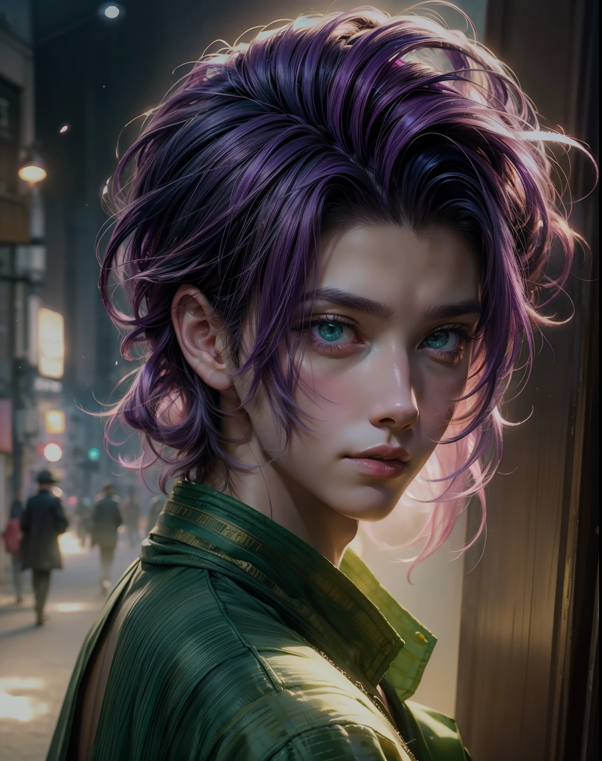 masterpiece, best quality, photorealistic, 1boy, solo, male focus, looking at viewer, , , (watercolor illustration, soft pastel colors:1.1), , , mao_saitou, purple hair, green eyes, , , 8k resolution