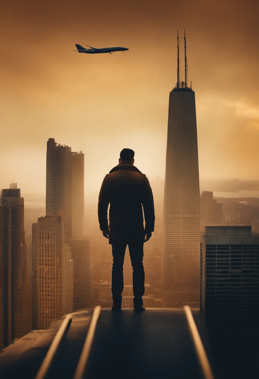 HERO NAGARJUNA STANDING IN SILHOUETTE IN MODERN SPY ATTIRE ON A BUILDING TOP, EPIC MOVIE POSTER, SKY SCAPERS AND  ACTION ELEMENTS, AEROPLANES, HELICOPTERS, BIKE CHASE, GUN FIRING, ROMANCE, TANKER FIRING, HOLLYWOOD ACTION MOVIE POSTER, cool and warm shades, HYPER REALISTIC, HIGH DETAIL POSTER, PERSON HANGING FROM HELICOPTER