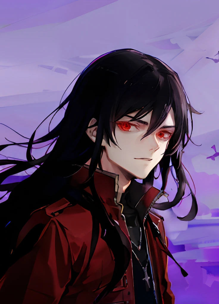 Vampire theme, Red sky, vampire castle, gothic night, vanitas, metalhead boy, Black long hair boy, Red jacket, pale skin, bats flying, beautiful boy extreme long hair boy, Devon wings, blood in mount, yellow eyea4