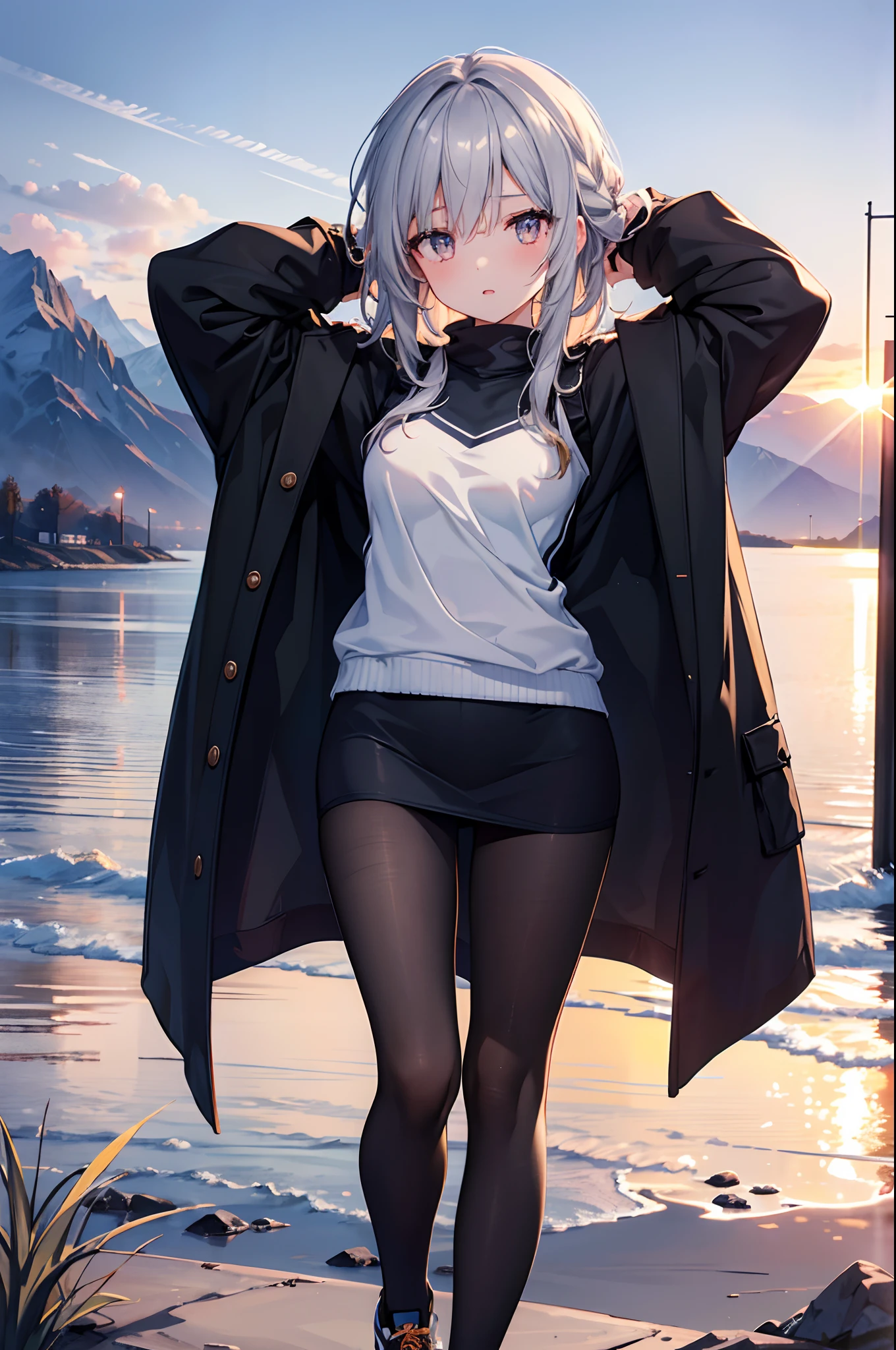 1female，11yo，teens girl，smallunderboob，Pornographic exposure， 独奏，（Background with：plains, distant mountains，in the summer, sunset, low orange rays of light, sun grass on the ground，exteriors） Casual silver hairstyle，Stride, seen from the front， in the distant mostly cloudy sky，cloudy sky in the distance above the horizon（（（tmasterpiece），（Very detailed CG unity 8K wallpaper），best qualtiy，cinmatic lighting，detailed back ground，beatiful detailed eyes，Bright pupils，（Very fine and beautiful），（Beautiful and detailed eye description），ultra - detailed，tmasterpiece，）），face to the viewer，frontage，A high resolution，ultra - detailed)，revealing breasts，Raised sexy，Lewd expression，Flushed complexion，Open-mouthed，frontage，（Wearing：black coat，Black pantyhose）athletic sneakers