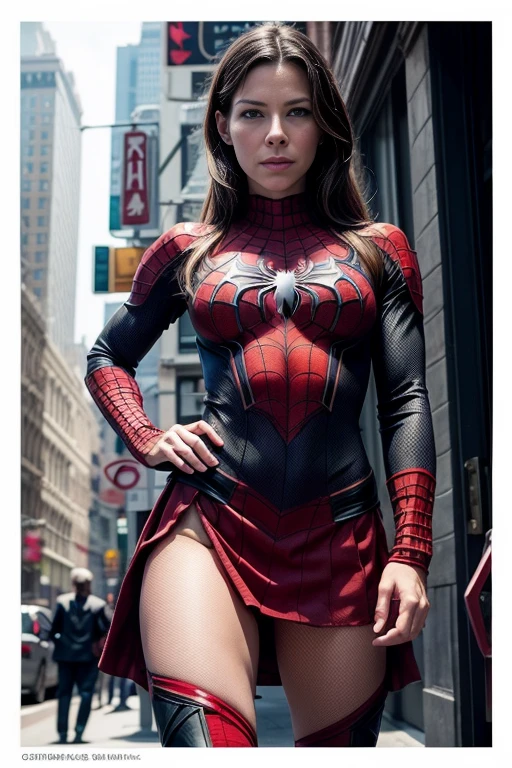 Evangeline Lilly、Sticking out the navel、newyork、She wears a torn Spider-Man suit,wearing skirt、 Red and black color scheme,Dynamic、masterpiece、top-quality、ultra-detailliert、ighly detailed、beautiful detailed brilliance、超A high resolution