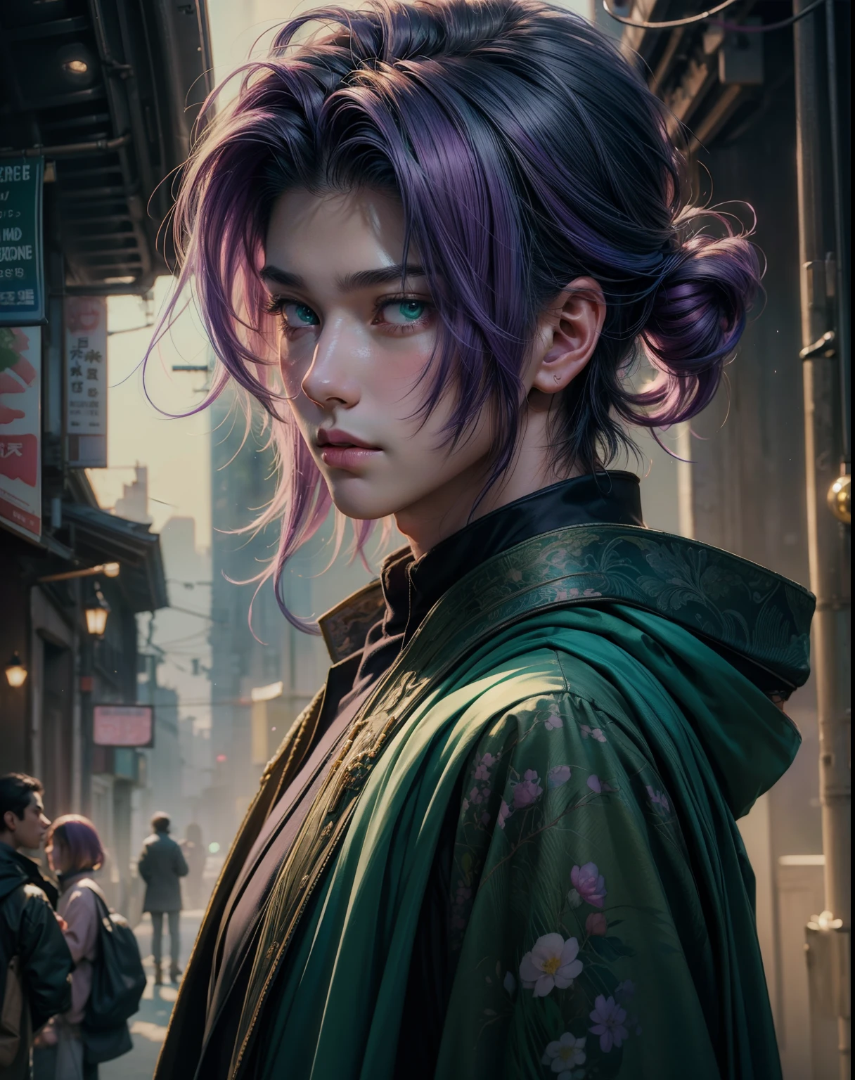 masterpiece, best quality, photorealistic, 1boy, solo, male focus, looking at viewer, , , (watercolor illustration, soft pastel colors:1.1), , , mao_saitou, purple hair, green eyes, , , 8k resolution