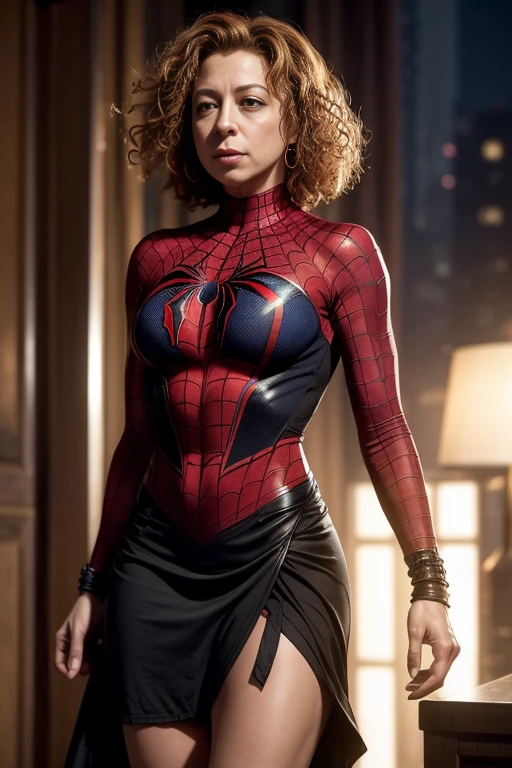Alex Kingston、Sticking out the navel、newyork、She wears a torn Spider-Man suit,wearing skirt、 Red and black color scheme,Dynamic、masterpiece、top-quality、ultra-detailliert、ighly detailed、beautiful detailed brilliance、超A high resolution