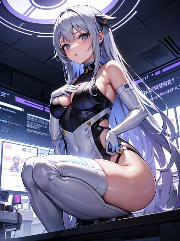 One girl、Inside the spacecraft、A girl and a beautiful sight are spreading。The walls and ceiling are covered with panels of futuristic design.、It has a fantastic glow。The interior of the ship is spacious々and々And々And々And々And、A variety of scientific instruments and consoles are located。The interior space of the spacecraft is、、、、、It features a silvery metallic texture and a curvaceous design、focus on girl