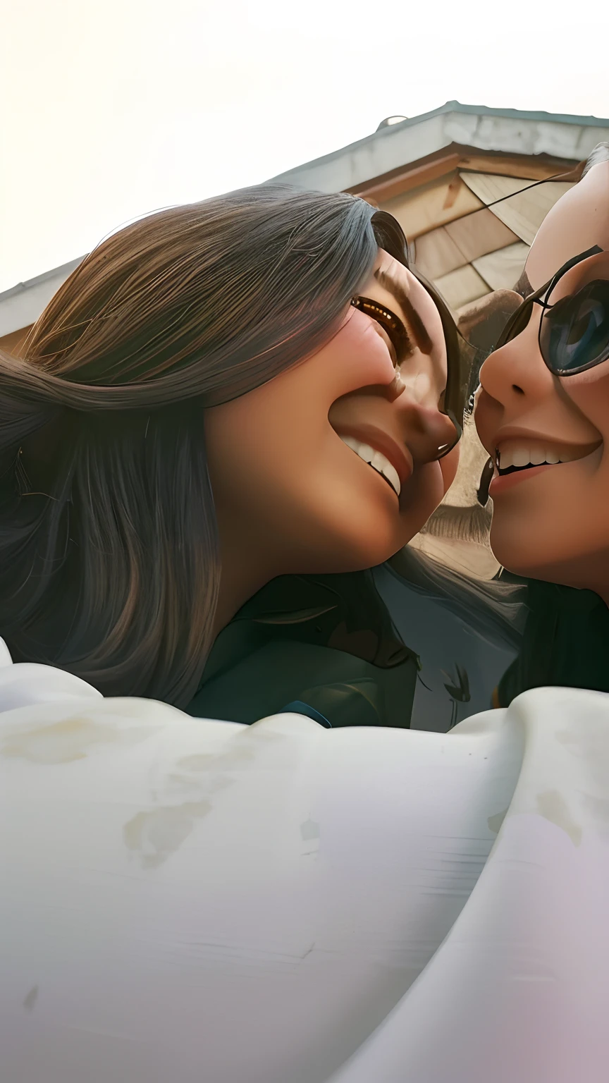 {{master part, best quality, CG extremamente detalhado, Unity 8k papel de parede, Cinematic lighting}}, pintura a tinta tradicional chinesa,2 girls,arquitetura antiga, blue skies, dia ensolarado, arquitetura de madeira, protagonista proeminente, looking up at the audience, long eyelashes,