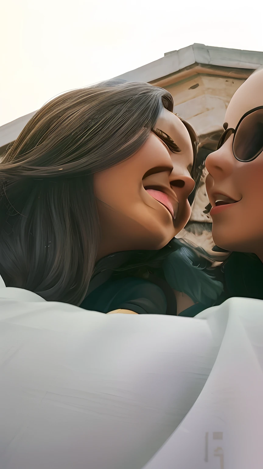 {{master part, best quality, CG extremamente detalhado, Unity 8k papel de parede, Cinematic lighting}}, pintura a tinta tradicional chinesa,2 girls,arquitetura antiga, blue skies, dia ensolarado, arquitetura de madeira, protagonista proeminente, looking up at the audience, long eyelashes,