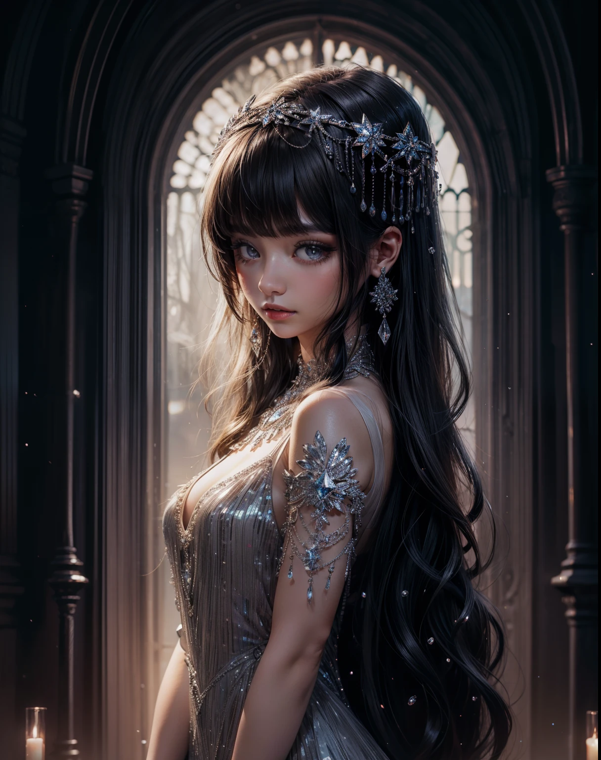 , 1girl, crystal, water reflection, crystal dress, dark background,