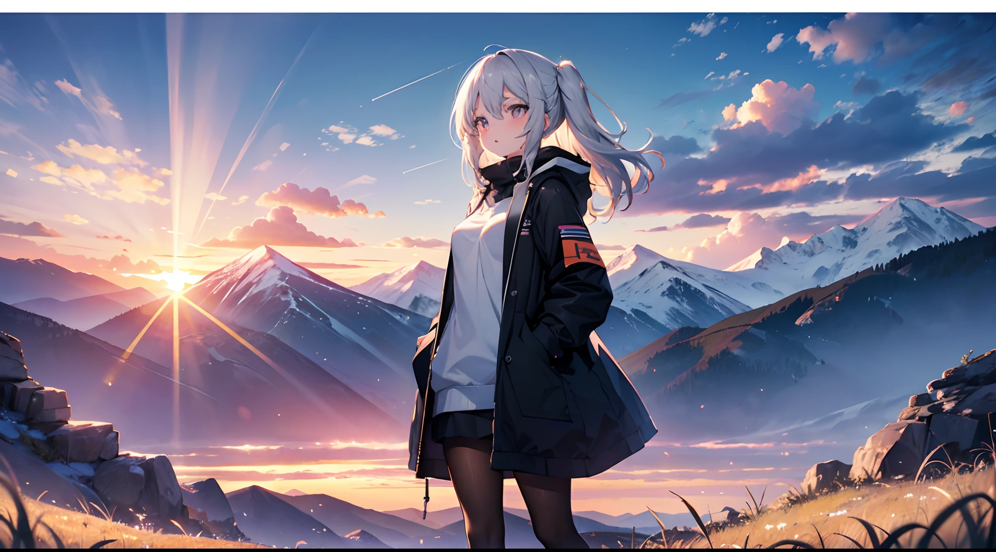 1female,,teens girl,smallunderboob,Pornographic exposure, 独奏,(Background with:plains, distant mountains,in the summer, sunset, low orange rays of light, sun grass on the ground,exteriors) Casual silver hairstyle,Stride, seen from the front, in the distant mostly cloudy sky,cloudy sky in the distance above the horizon(((tmasterpiece),(Very detailed CG unity 8K wallpaper),best qualtiy,cinmatic lighting,detailed back ground,beatiful detailed eyes,Bright pupils,(Very fine and beautiful),(Beautiful and detailed eye description),ultra - detailed,tmasterpiece,)),face to the viewer,frontage,A high resolution,ultra - detailed),revealing breasts,Raised sexy,Lewd expression,Flushed complexion,Open-mouthed,frontage,(Wearing:black coat,Black pantyhose)athletic sneakers