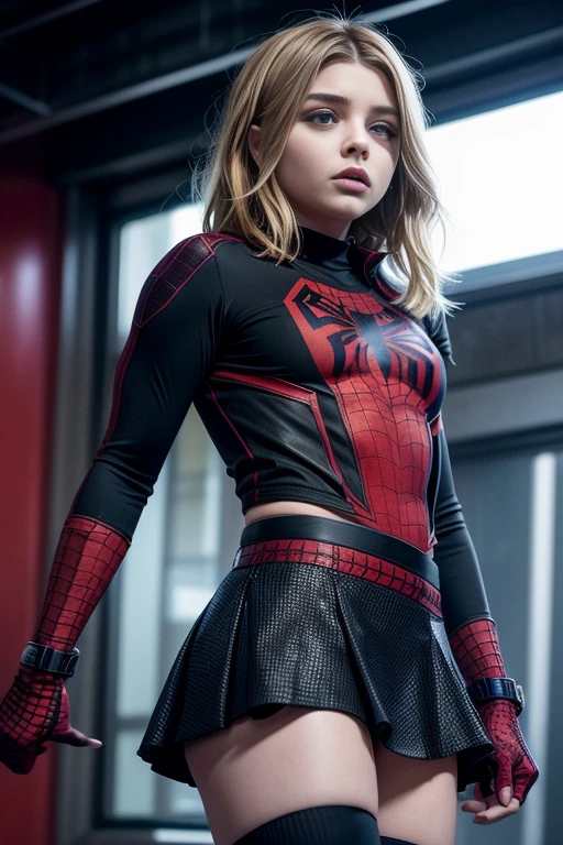 chloë grace moretz、Sticking out the navel、newyork、She wears a torn Spider-Man suit,wearing skirt、 Red and black color scheme,Dynamic、​masterpiece、top-quality、ultra-detailliert、ighly detailed、beautiful detailed brilliance、超A high resolution