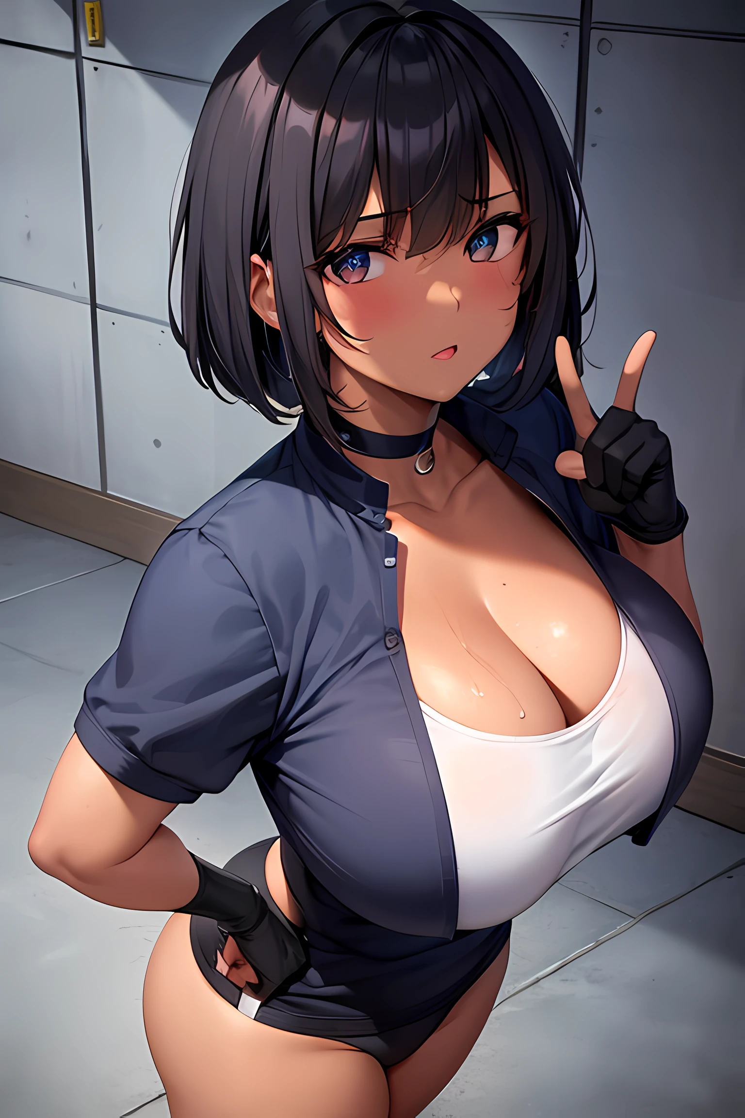 4k, maxres, ultra detailed, dark-skinned school teacher, school gym uniform, cleavage, big breasts, big ass, tomboy, sweating, in a gym, bob cut, black gloves, white sneakers, full body, from front, beautifully drawn eyes, perfect face, perfect body,  muscular,  beautiful girl, choker, sexy pose, peace sign, black hair