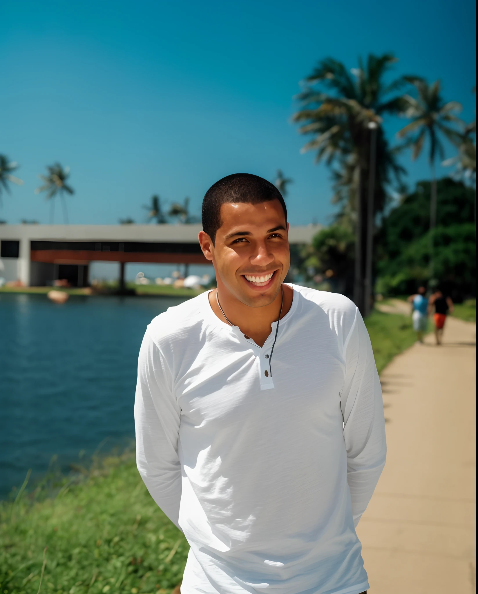 smiling man in white shirt standing on sidewalk next to water, caio santos, edu souza, inspired by Francis Souza, david rios ferreira, joe alves, nick silva, ronaldo luis nazario da lima, by Fernando Gerassi, brown skin man with a giant grin, dan dos santos, icaro carvalho, ronaldo nazario, luis melo