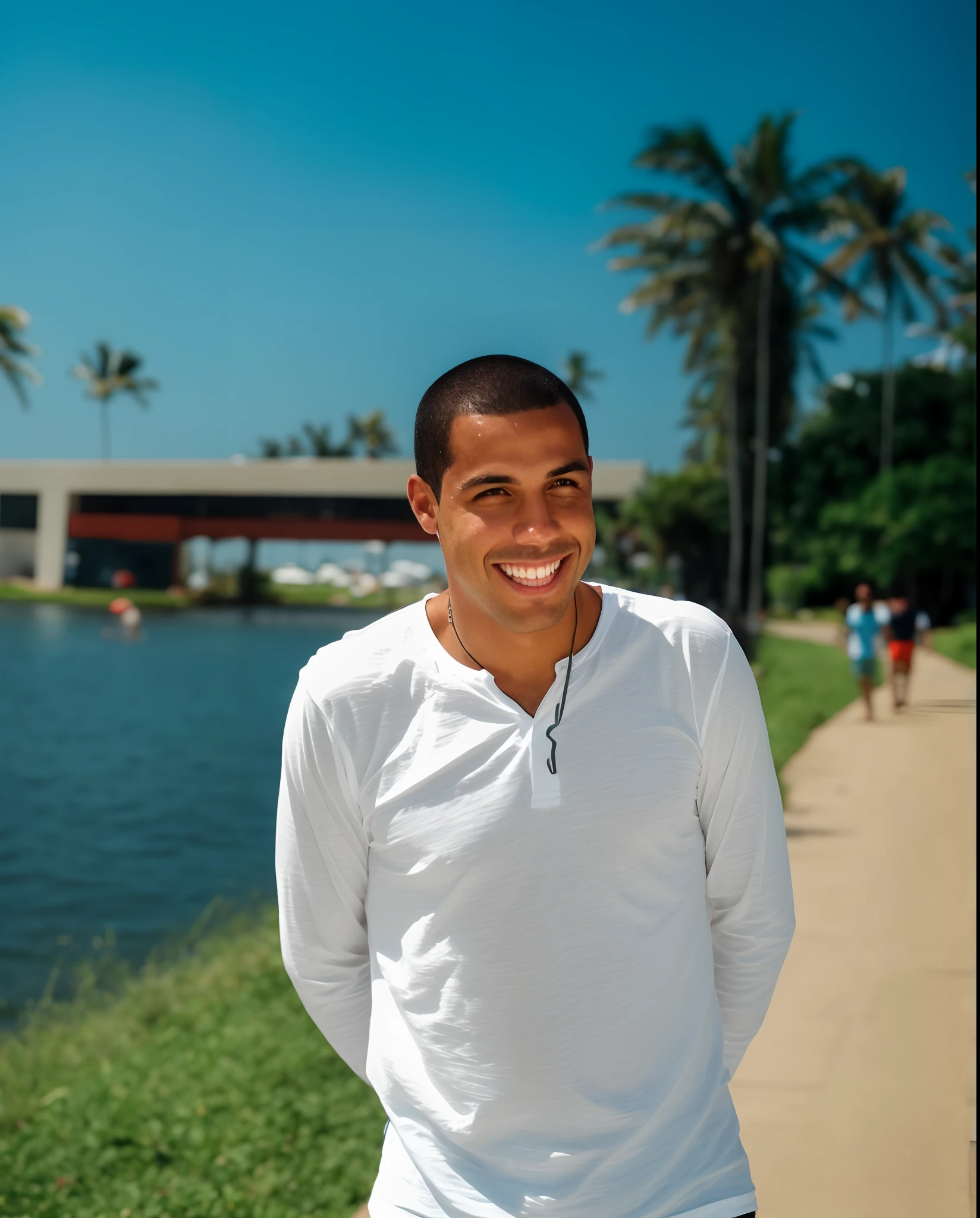 smiling man in white shirt standing on sidewalk next to water, caio santos, edu souza, inspired by Francis Souza, david rios ferreira, joe alves, nick silva, ronaldo luis nazario da lima, by Fernando Gerassi, brown skin man with a giant grin, dan dos santos, icaro carvalho, ronaldo nazario, luis melo