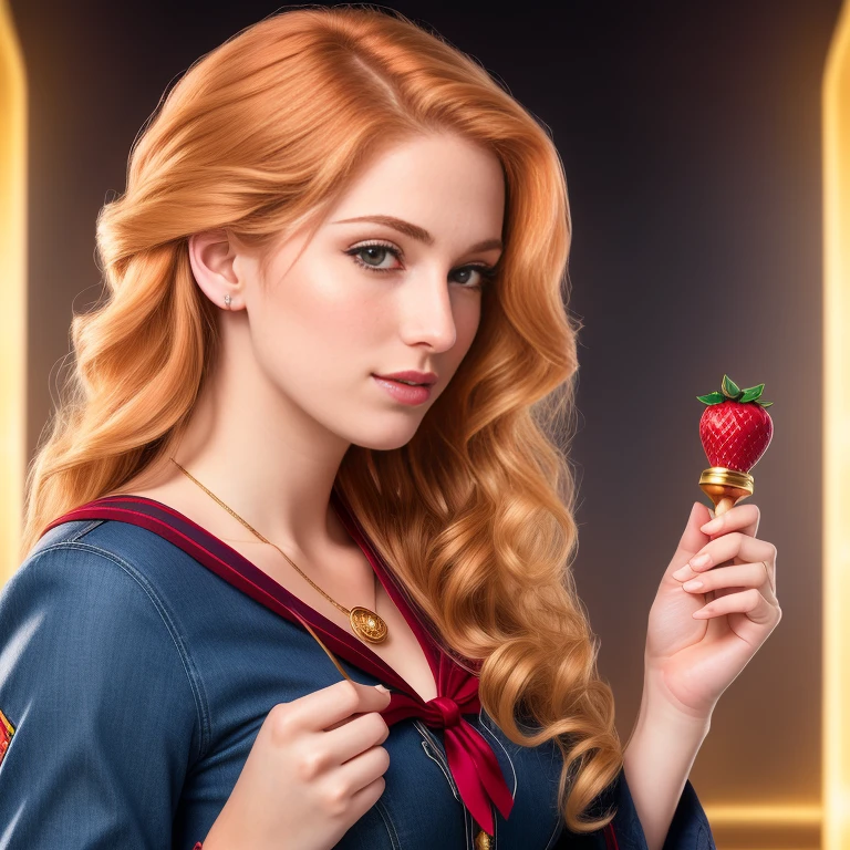 (extra detailed, RAW photography, best quality,4k,8k,high res,masterpiece:1.2),ultra-detailed, photorealistic, full body shot,strawberry blonde wavy hair,Mature and beautiful, realistic portrayal:1.2 Sailor Moon holding a magical wand, dressed up in dark red jeans.