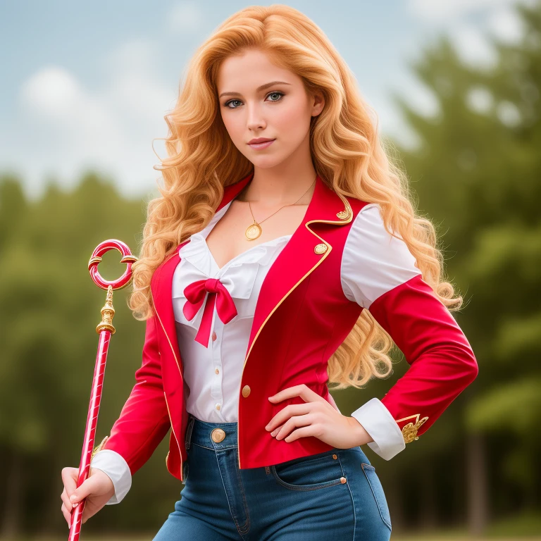 (extra detailed, RAW photography, best quality,4k,8k,high res,masterpiece:1.2),ultra-detailed, photorealistic, full body shot,strawberry blonde wavy hair,Mature and beautiful, realistic portrayal:1.2 Sailor Moon sitting on a clear chair, wearing leather jean patterned outfits.