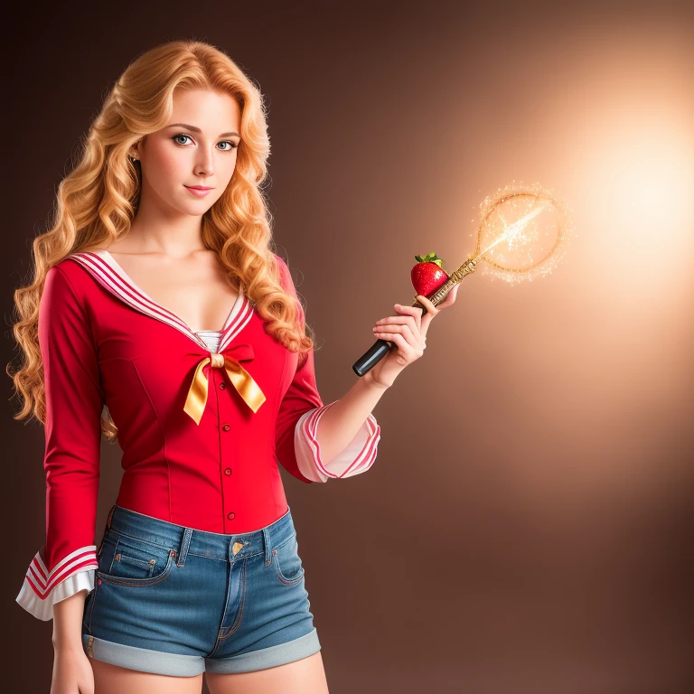(extra detailed, RAW photography, best quality,4k,8k,high res,masterpiece:1.2),ultra-detailed, photorealistic, full body shot,strawberry blonde wavy hair,Mature and beautiful, realistic portrayal:1.2 Sailor Moon holding a magical wand, dressed up in dark red jeans.
